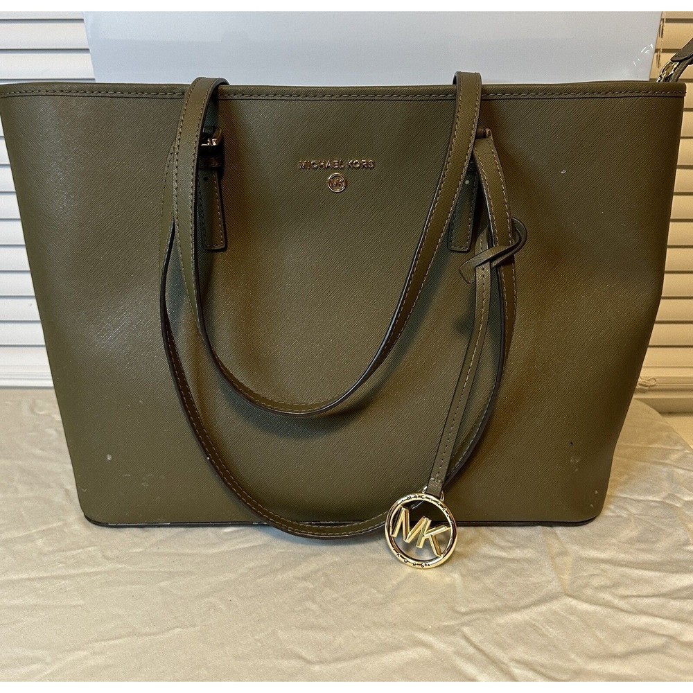 LRG MICHAEL KORS JET SET TRAVEL Dark Green Leather Tote Bag Carryall Purse